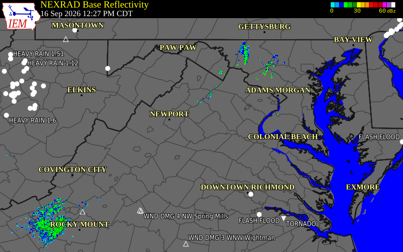 Current NEXRAD radar over Culpeper County, Virginia with recent storm report locations