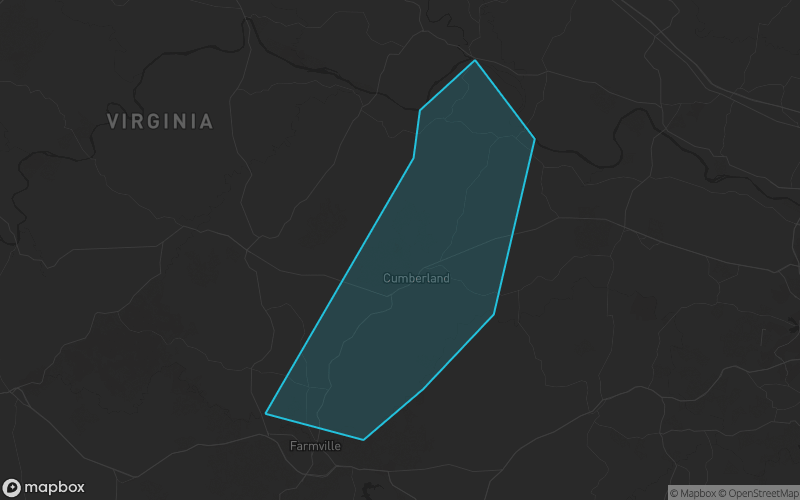 Map of Cumberland County, Virginia showing the county boundary and surrounding cities