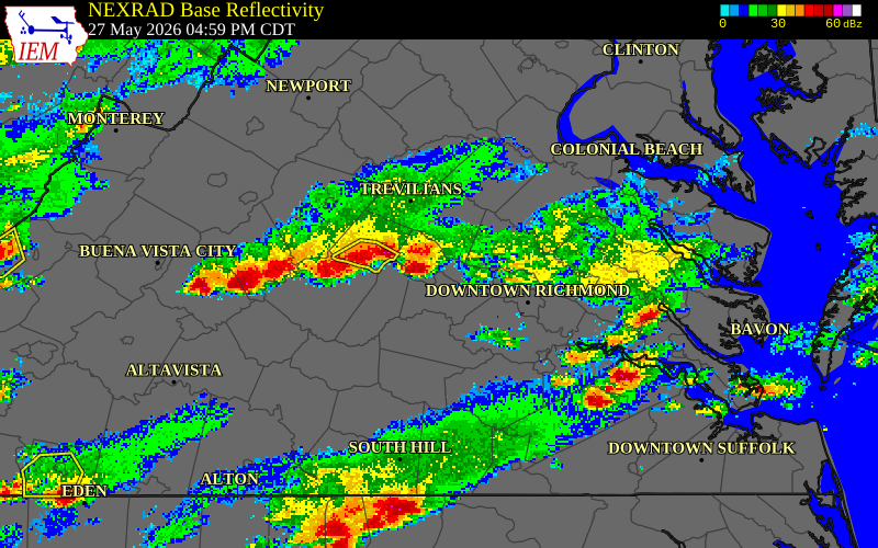 NEXRAD radar during the Wednesday, May 27, 2026 storm activity in Cumberland County, Virginia