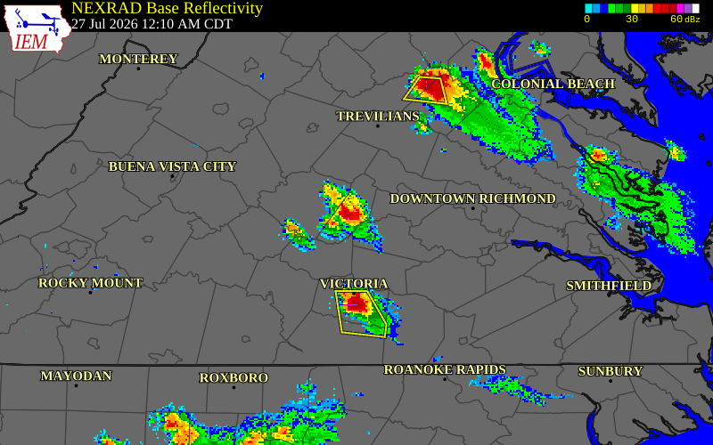 NEXRAD radar during the Monday, July 27, 2026 storm activity in Cumberland County, Virginia