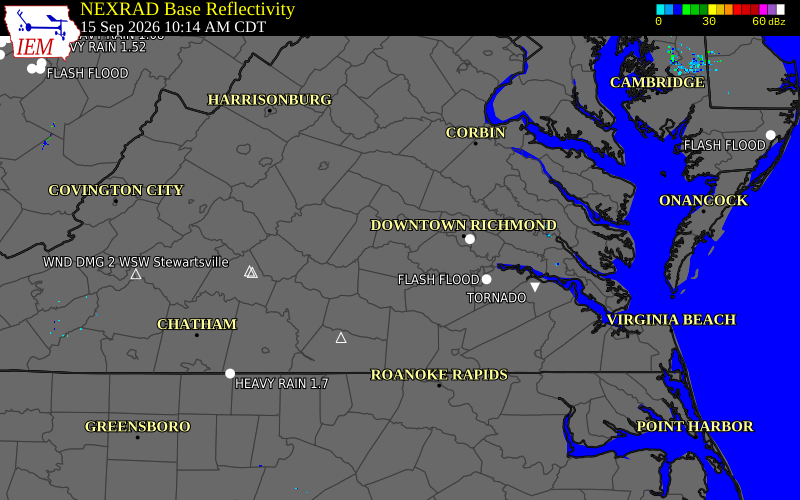 Current NEXRAD radar over Cumberland County, Virginia with recent storm report locations