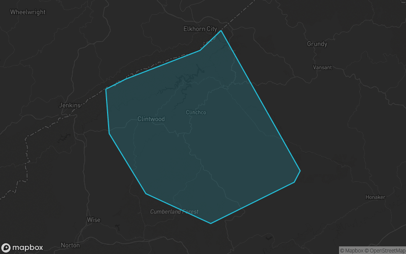 Map of Dickenson County, Virginia showing the county boundary and surrounding cities