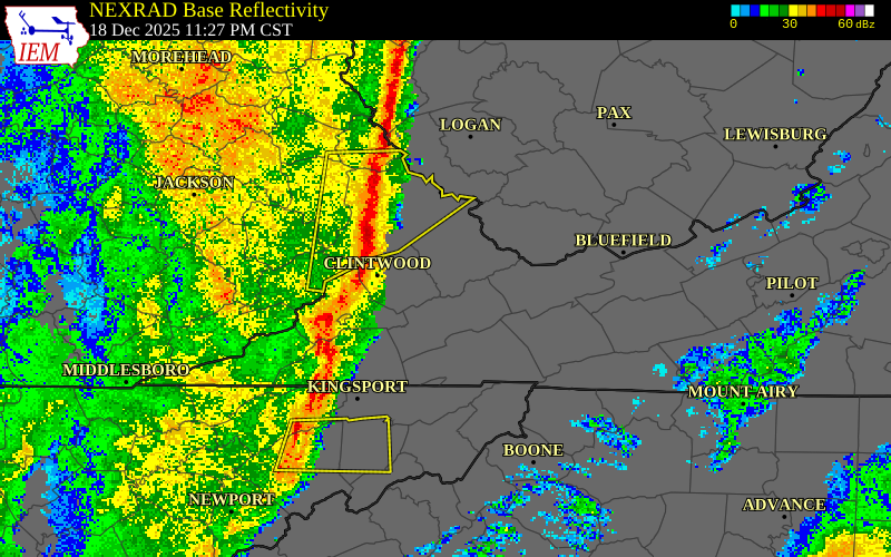 NEXRAD radar during the Friday, December 19, 2025 storm activity in Dickenson County, Virginia