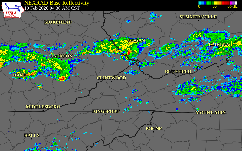 NEXRAD radar during the Thursday, February 19, 2026 storm activity in Dickenson County, Virginia
