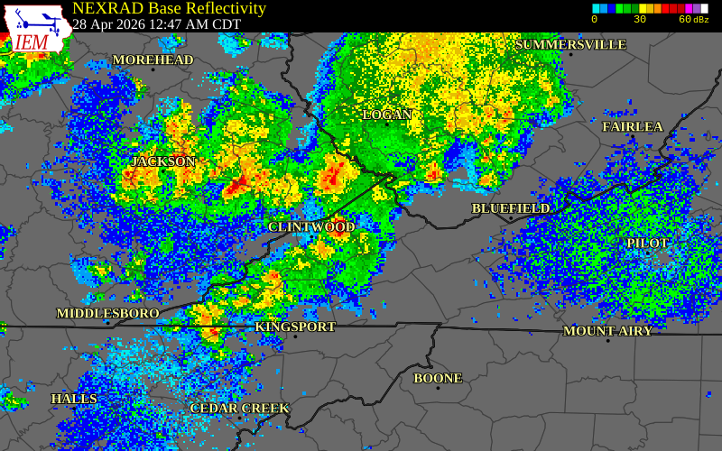 NEXRAD radar during the Tuesday, April 28, 2026 storm activity in Dickenson County, Virginia