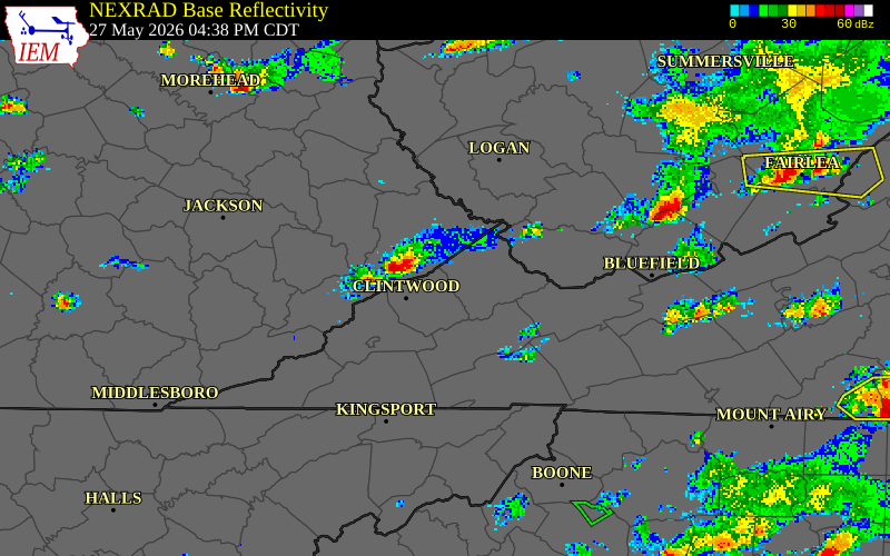 NEXRAD radar during the Wednesday, May 27, 2026 storm activity in Dickenson County, Virginia