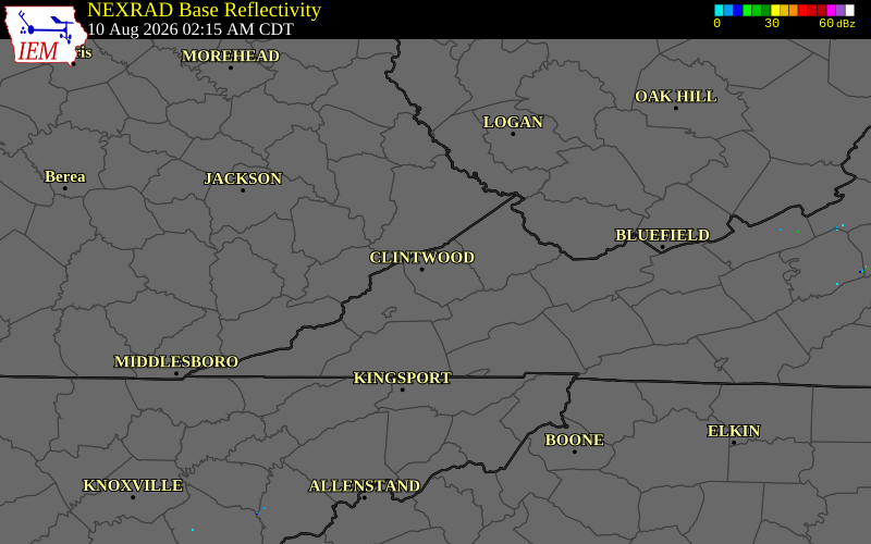 NEXRAD radar during the Monday, August 10, 2026 storm activity in Dickenson County, Virginia
