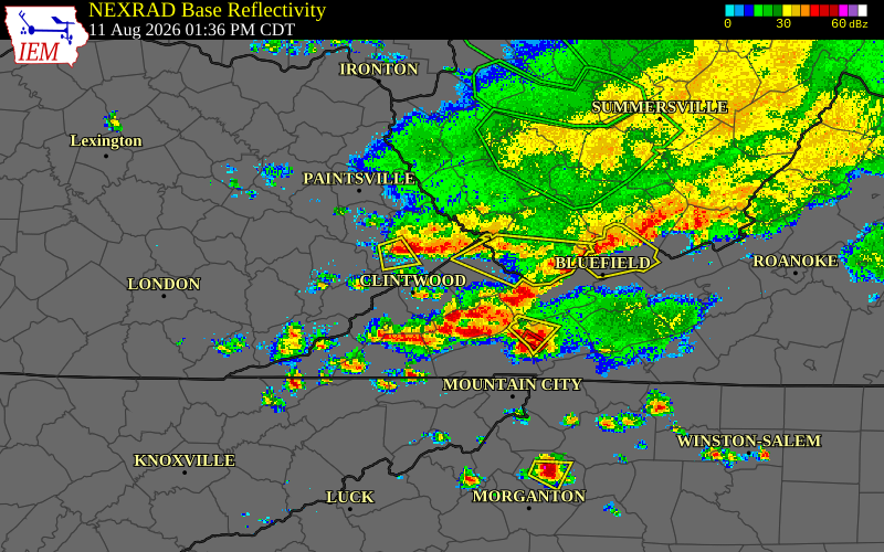 Radar snapshot during the Aug 11, 2026 wind event near Dickenson County, Dickenson County, Virginia, with NWS warning polygons