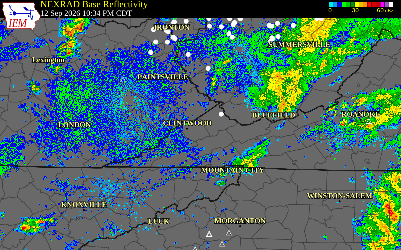Current NEXRAD radar over Dickenson County, Virginia with recent storm report locations