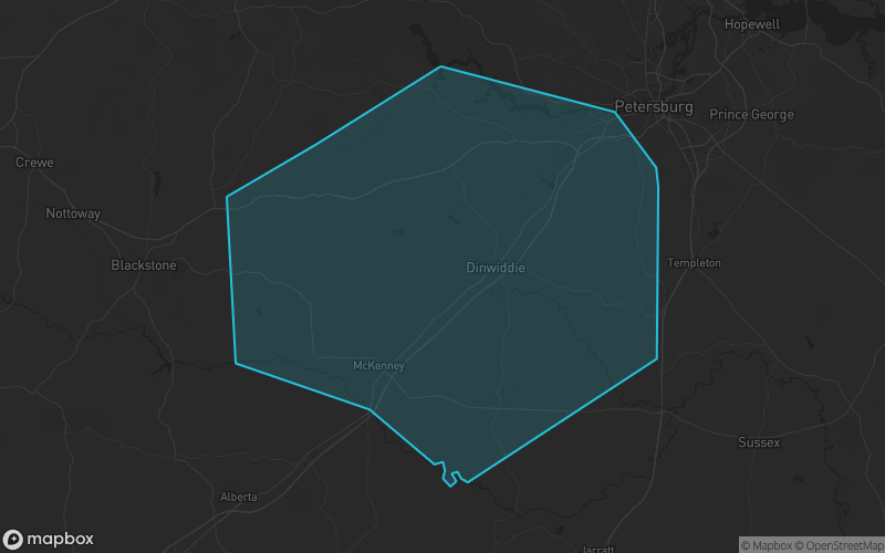 Map of Dinwiddie County, Virginia showing the county boundary and surrounding cities