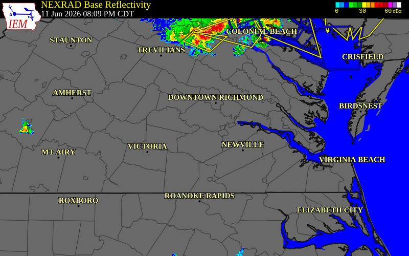 NEXRAD radar during the Thursday, June 11, 2026 storm activity in Dinwiddie County, Virginia
