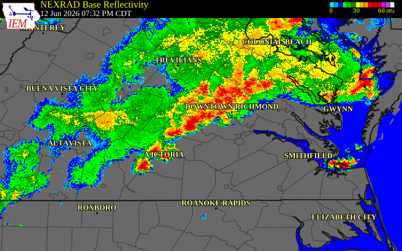 NEXRAD radar during the Friday, June 12, 2026 storm activity in Dinwiddie County, Virginia