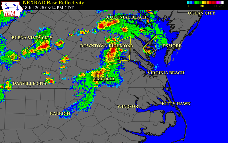 Radar snapshot during the Jul 18, 2026 wind event near Dinwiddie County, Dinwiddie County, Virginia, with NWS warning polygons