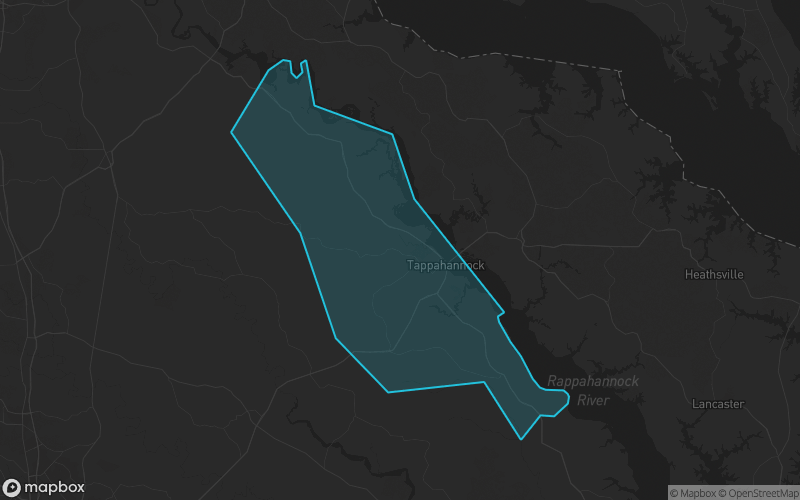 Map of Essex County, Virginia showing the county boundary and surrounding cities