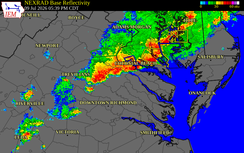 NEXRAD radar during the Thursday, July 9, 2026 storm activity in Essex County, Virginia