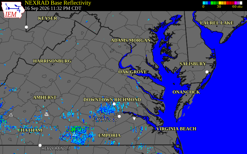 Current NEXRAD radar over Essex County, Virginia with recent storm report locations