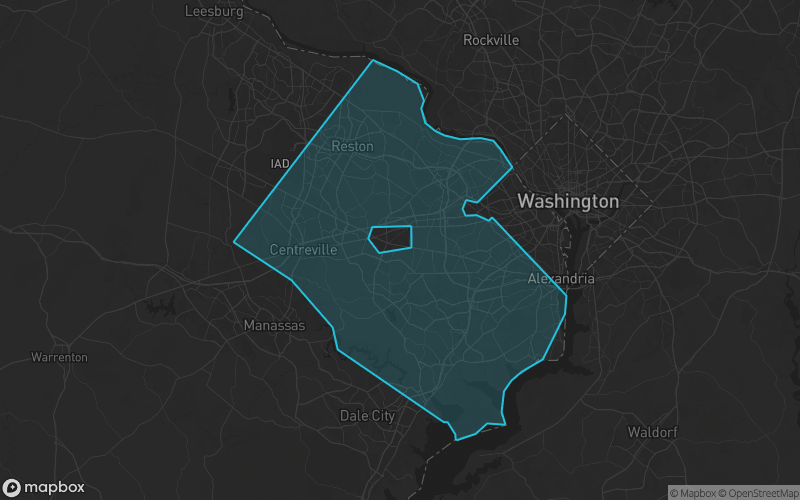 Map of Fairfax County, Virginia showing the county boundary and surrounding cities