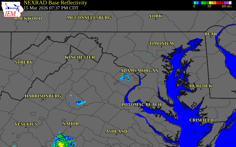 NEXRAD radar during the Sunday, March 15, 2026 storm activity in Fairfax County, Virginia