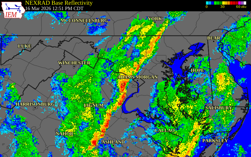 NEXRAD radar during the Monday, March 16, 2026 storm activity in Fairfax County, Virginia