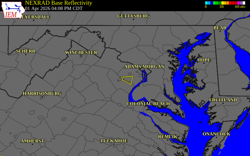 NEXRAD radar during the Wednesday, April 1, 2026 storm activity in Fairfax County, Virginia