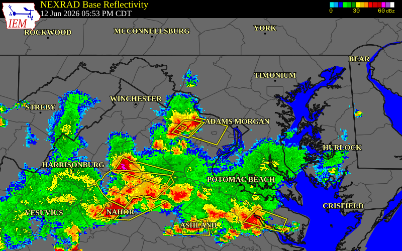 NEXRAD radar during the Friday, June 12, 2026 storm activity in Fairfax County, Virginia