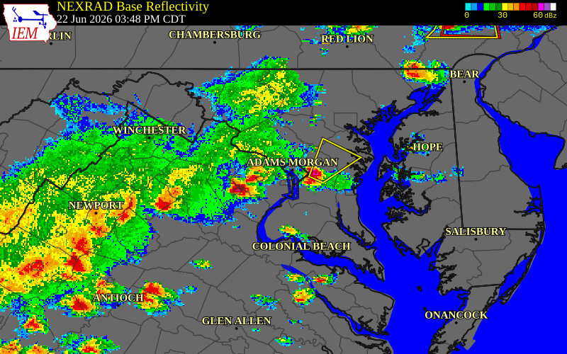 NEXRAD radar during the Monday, June 22, 2026 storm activity in Fairfax County, Virginia