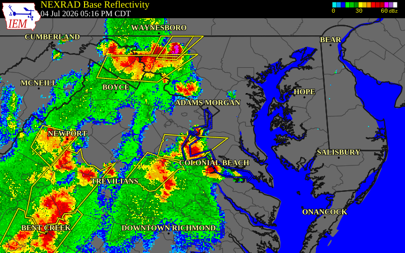 NEXRAD radar during the Saturday, July 4, 2026 storm activity in Fairfax County, Virginia