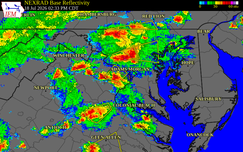 NEXRAD radar during the Saturday, July 18, 2026 storm activity in Fairfax County, Virginia