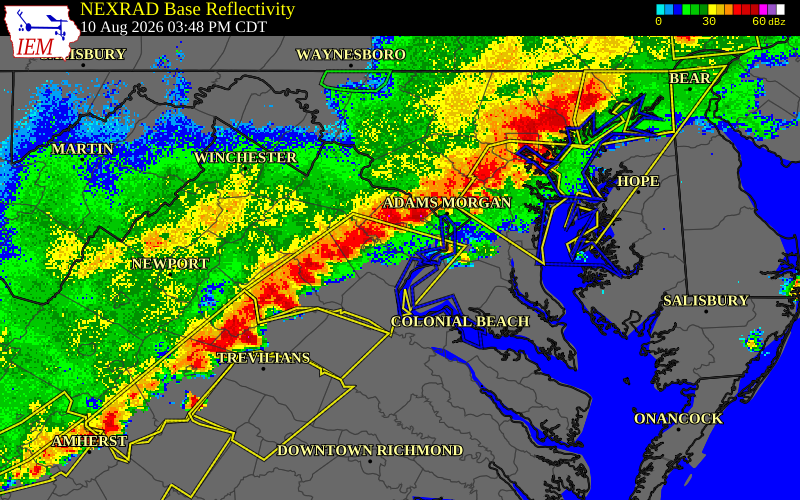 NEXRAD radar during the Monday, August 10, 2026 storm activity in Fairfax County, Virginia