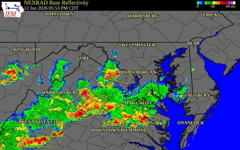 Radar snapshot during the Jun 12, 2026 wind event near Dulles Intl Airport, Fairfax County, Virginia, with NWS warning polygons