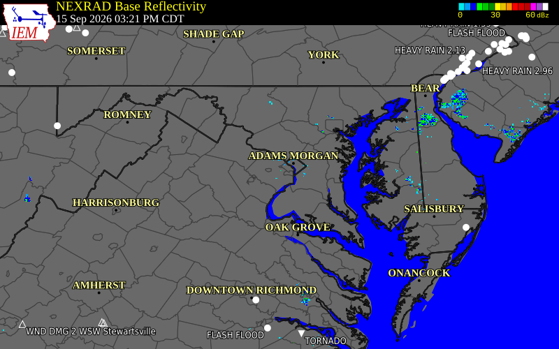 Current NEXRAD radar over Fairfax County, Virginia with recent storm report locations