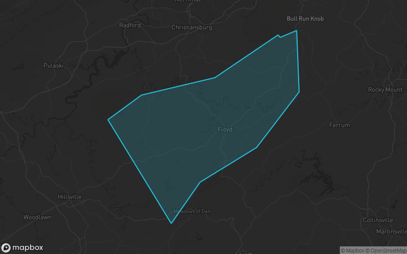 Map of Floyd County, Virginia showing the county boundary and surrounding cities