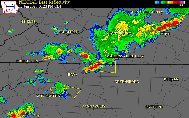 NEXRAD radar during the Friday, June 12, 2026 storm activity in Floyd County, Virginia