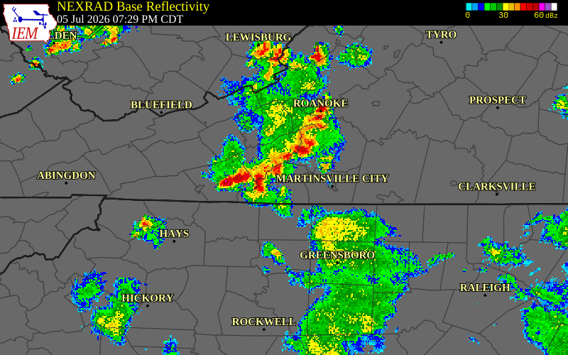 NEXRAD radar during the Sunday, July 5, 2026 storm activity in Floyd County, Virginia