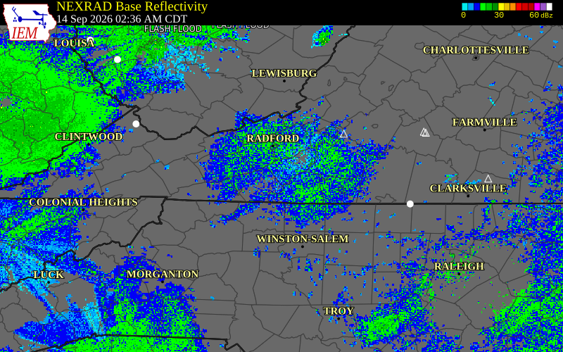 Current NEXRAD radar over Floyd County, Virginia with recent storm report locations