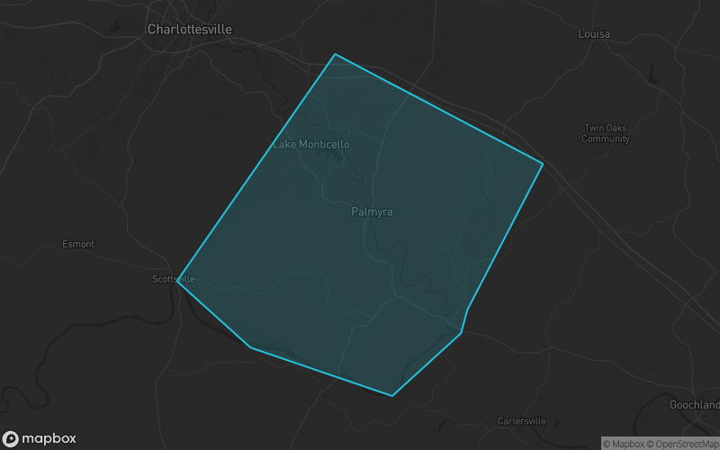 Map of Fluvanna County, Virginia showing the county boundary and surrounding cities