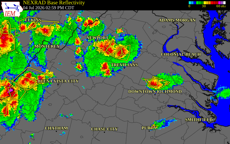 NEXRAD radar during the Saturday, July 4, 2026 storm activity in Fluvanna County, Virginia