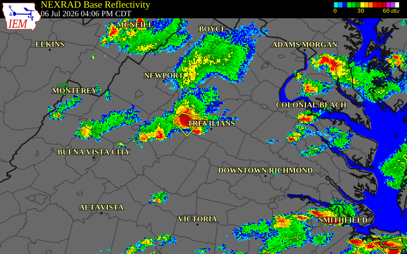 NEXRAD radar during the Monday, July 6, 2026 storm activity in Fluvanna County, Virginia