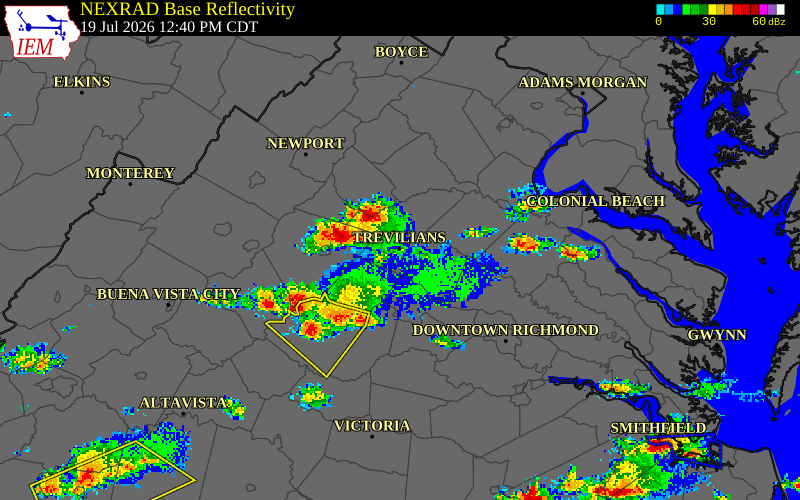 NEXRAD radar during the Sunday, July 19, 2026 storm activity in Fluvanna County, Virginia