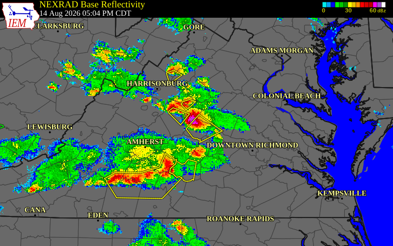 Radar snapshot during the Jul 19, 2026 wind event near Fluvanna County, Fluvanna County, Virginia, with NWS warning polygons