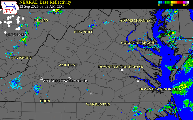 Current NEXRAD radar over Fluvanna County, Virginia with recent storm report locations