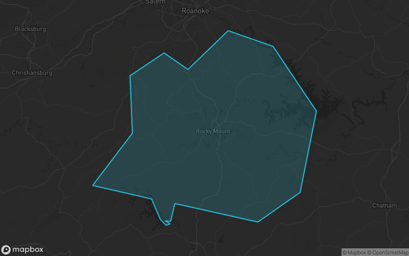 Map of Franklin County, Virginia showing the county boundary and surrounding cities