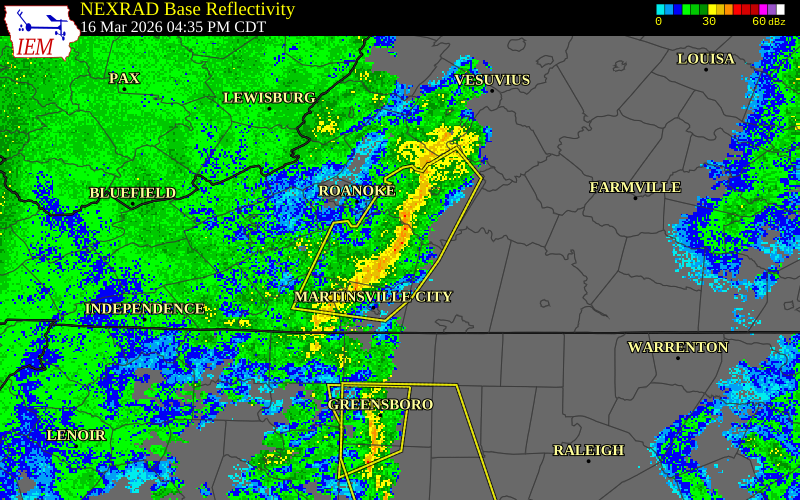 NEXRAD radar during the Monday, March 16, 2026 storm activity in Franklin County, Virginia