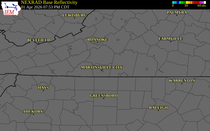 NEXRAD radar during the Wednesday, April 1, 2026 storm activity in Franklin County, Virginia