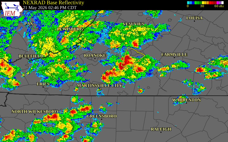NEXRAD radar during the Thursday, May 21, 2026 storm activity in Franklin County, Virginia