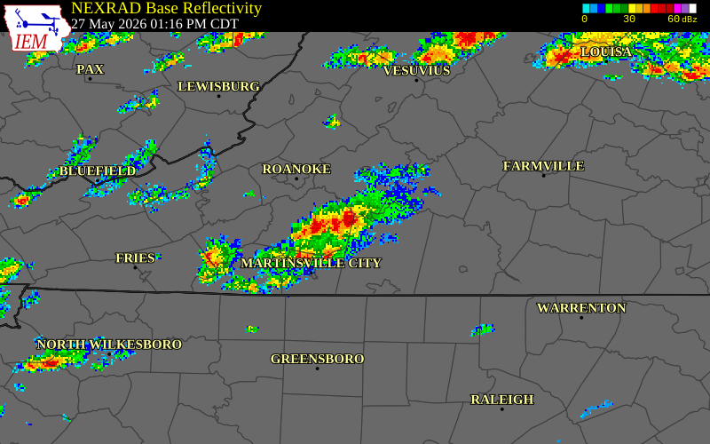 NEXRAD radar during the Wednesday, May 27, 2026 storm activity in Franklin County, Virginia
