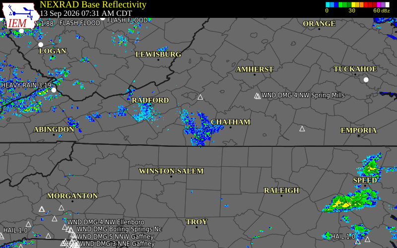 Current NEXRAD radar over Franklin County, Virginia with recent storm report locations