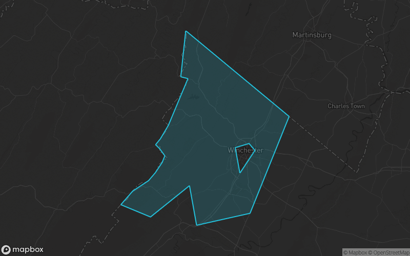 Map of Frederick County, Virginia showing the county boundary and surrounding cities