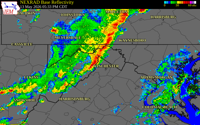 NEXRAD radar during the Wednesday, May 13, 2026 storm activity in Frederick County, Virginia