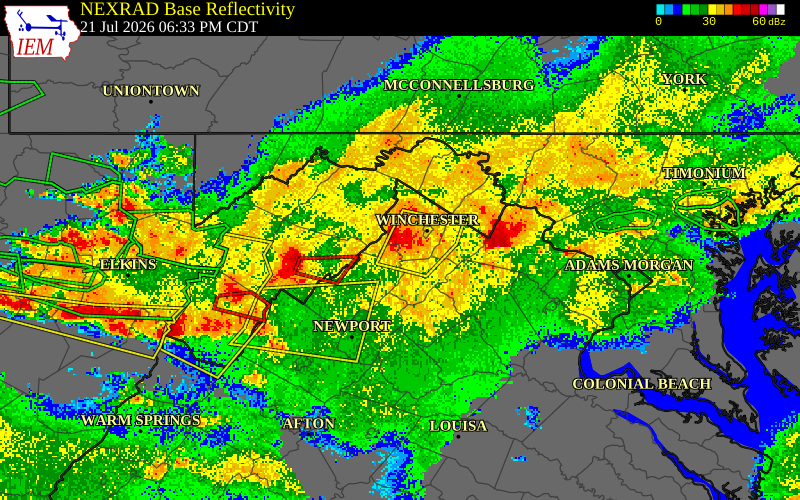NEXRAD radar during the Tuesday, July 21, 2026 storm activity in Frederick County, Virginia